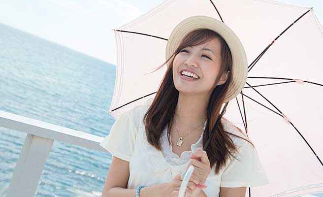 海辺で帽子を被って日傘をさす女性